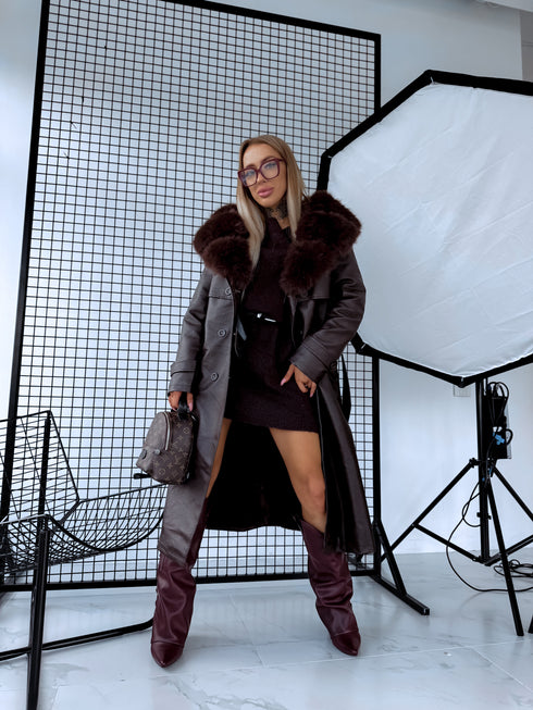 "PUDDING CV2184" Faux Leather Trench – Brown